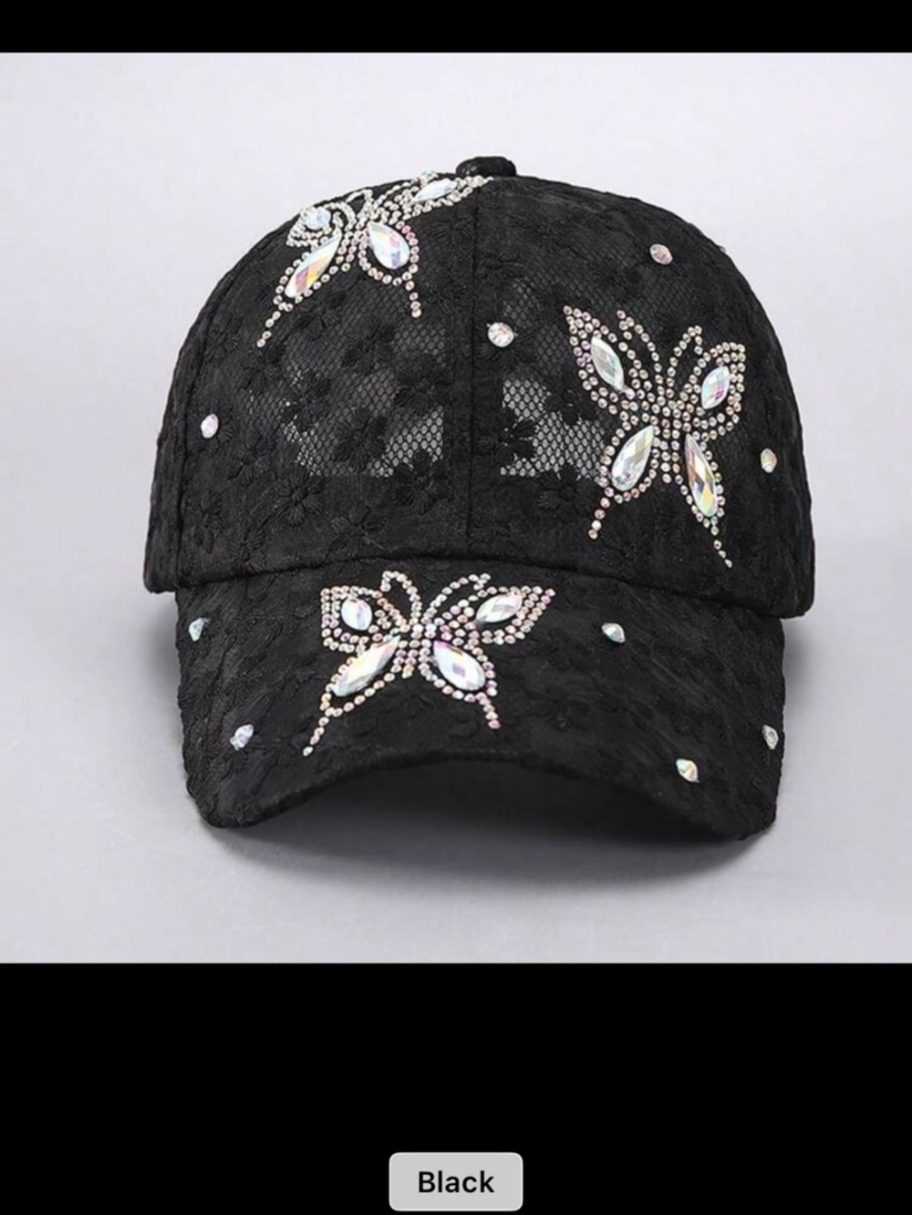 SHEIN Black Lace Cap with Iridescent Crystal Butterflies